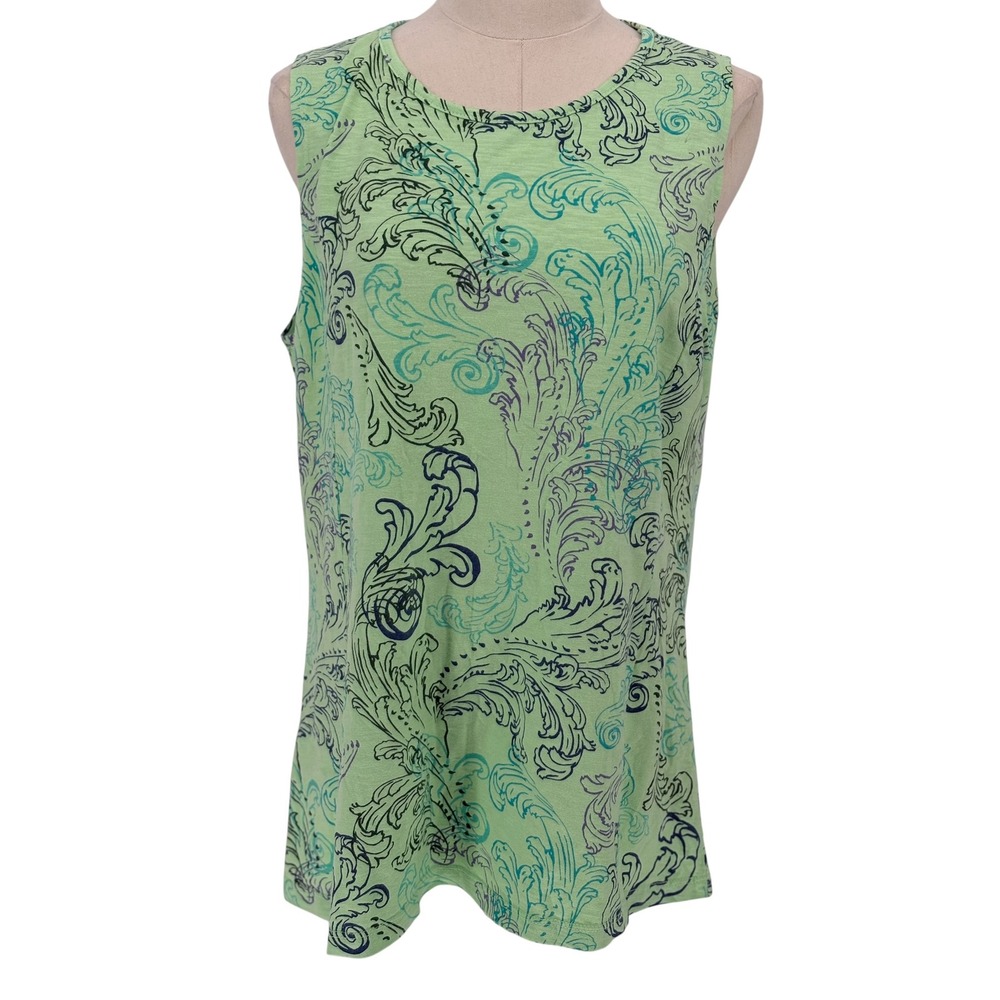 Fresh Produce Sleeveless Top Green Paisley Scroll 100% Cotton L